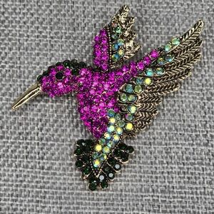 Hummingbird Rhinestone Brooch Pin Bird Animal Colorful Pink Gold Spring Sparkly